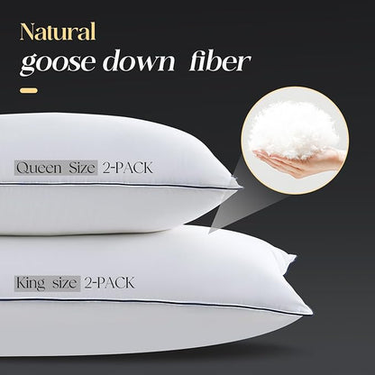 Luxurious Goose Down Bed Pillows Queen Size Set of 2, Hotel Collection Pillows Designed for Deep Sleep, Soft and Supportive Filling for Side, Back Sleepers 20" x 30"
