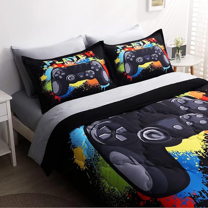 Wajade Kids Gamer Comforter Set Queen Size Bed in a Bag for Boys and Girls, 7 Pieces 3D Video Game Controller Printed Bedding Set Includes Comforter, Flat Sheet, Fitted Sheet, Two Pillowcases & Shams