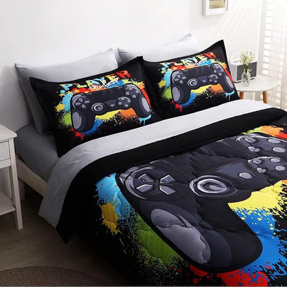 Wajade Kids Gamer Comforter Set Full Size Bed in a Bag for Boys and Girls, 7 Pieces 3D Video Game Controller Printed Bedding Set Includes Comforter, Flat Sheet, Fitted Sheet, Two Pillowcases & Shams