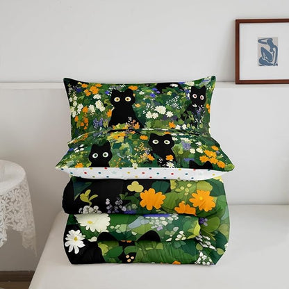 Castle Fairy Cute Cats Kids Comforter Set King Size,Watercolor Flowers Green Leaves Plant Reversible Quilted Duvet with 2 Pillowcases Black Kawaii Animal Oil Painting Comforter for Boys Teens Bedroom
