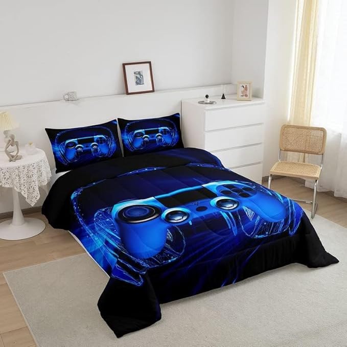 Feelyou Gamer Bedding Set Kids Video Game Gamepad Comforter Set for Boys Teens Gaming Headset Comforter Breathable Blue Game Controller Duvet Set Room Decor Quilt Set Toddler Size