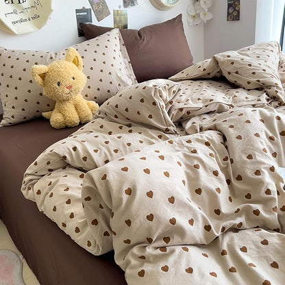 Light Khaki Duvet Cover Queen 3Pcs Chocolate Brown Love Heart Bedding Set Simple Fashion Love Heart Shaped Pattern Bedding Reversible Soft Microfiber Zipper Closure