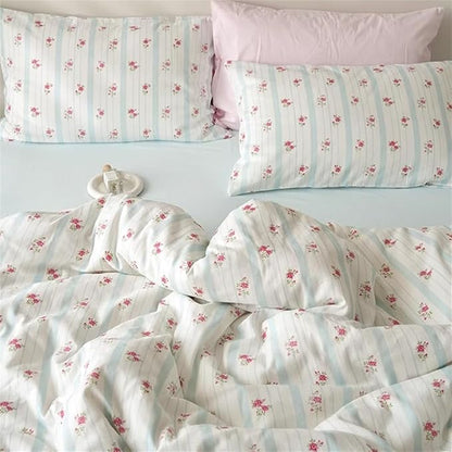 Blue White Striped Duvet Cover Queen Size Romantic Floral Bedding Set with Red Rose 3 Pcs Stripes Aesthetic Botanical Flower Comforter Set for Kids Boys Girls Women