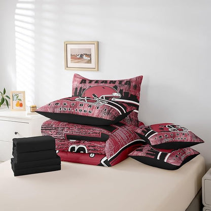 Erosebridal Kids Football Bed in A Bag Gridiron Sports Bedding Set Full,Brick Red Sports Helmet Comforter Sets with Sheets Rugby City Seasonal Color 7 Pieces Bed Set Bedroom Decor