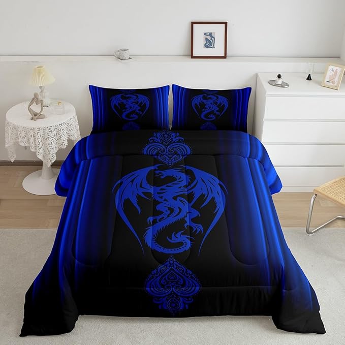 Feelyou Blue Dragon Comforter Set Gradient Ombre Blue Teens Women Bedding Set for Kids Boys Girls Vintage Boho Paisley Decor Comforter Exotic Trippy Quilt Set 3Pcs King Size