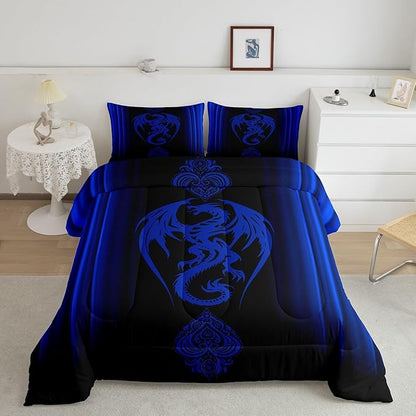 Feelyou Blue Dragon Comforter Set Gradient Ombre Blue Teens Women Bedding Set for Kids Boys Girls Vintage Boho Paisley Decor Comforter Exotic Trippy Quilt Set 3Pcs King Size