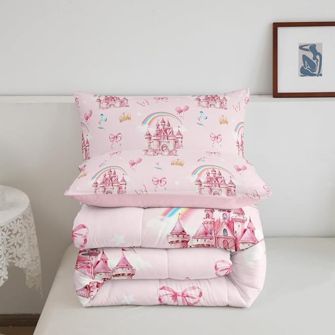 jejeloiu Pink Castle Bedding Set Queen Size Cute Rainbow Comforter Set for Kids Adult Boys Girls Butterfly Crown Duvet Set Balloon Quilt Set 3Pcs