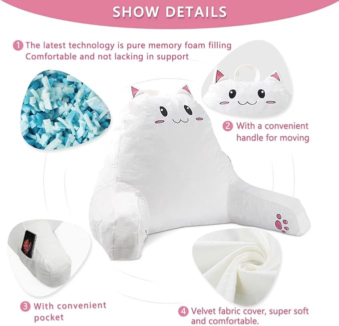 SUNSIDE Kitty Reading Pillow for Sitting in Bed, Cute Back Pillows for Adult and Children, Shredded Memory Foam Pillow with Arms, Cat Design Bed Pillows, Back Support Pillow with Washable Cover