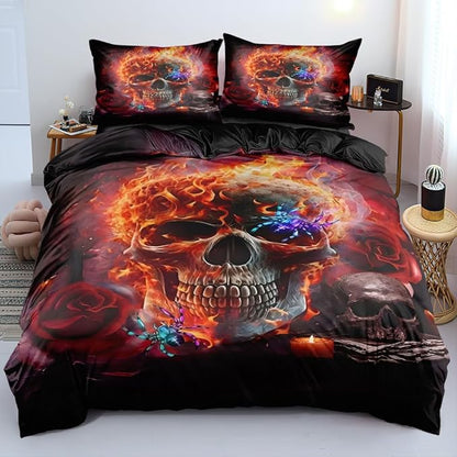 Burning Skull and Red Roses King Size Duvet Cover Set Flowers Comforter-Cover and Pillowcases Black Background Burning Gothic and Florals Print Bedding Set Bedroom Decor