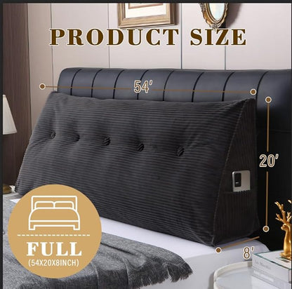 Wedge Headboard Pillow for Bed, Full Dorm Headboard Support for Sitting Up Reading, Relaxing, Removable Washable Corduroy Cover, Polyester and Shredded Foam Filling, Gray