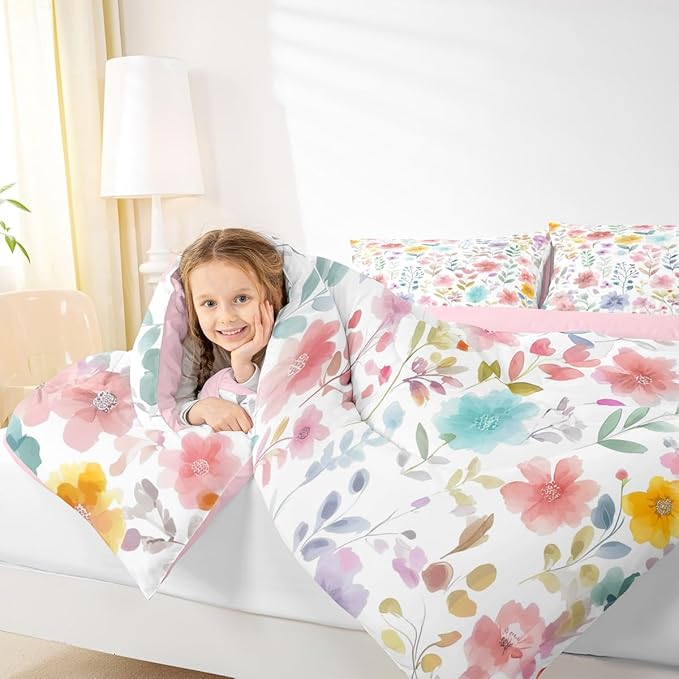 Erosebridal Cute Floral Queen Comforter Set,Red Purple Flower Bedding Sets for Kids Girls Women,Colorful Boho Wildflower Bed Set,Country Cottage Core Flowers Room Decor,2 Pillowcases Breathable