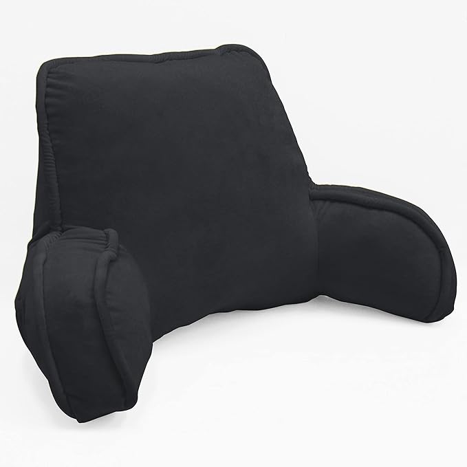 Super Soft Velvety Backrest Reading Bed Rest Pillow with Arms and Pockets 18" H for Sitting in Bed Couch Sofa, Back Support Wedge Cushion with Removable Cover, 20" x 18" x17", Black
