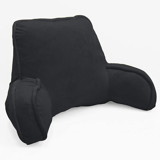 Super Soft Velvety Backrest Reading Bed Rest Pillow with Arms and Pockets 18" H for Sitting in Bed Couch Sofa, Back Support Wedge Cushion with Removable Cover, 20" x 18" x17", Black