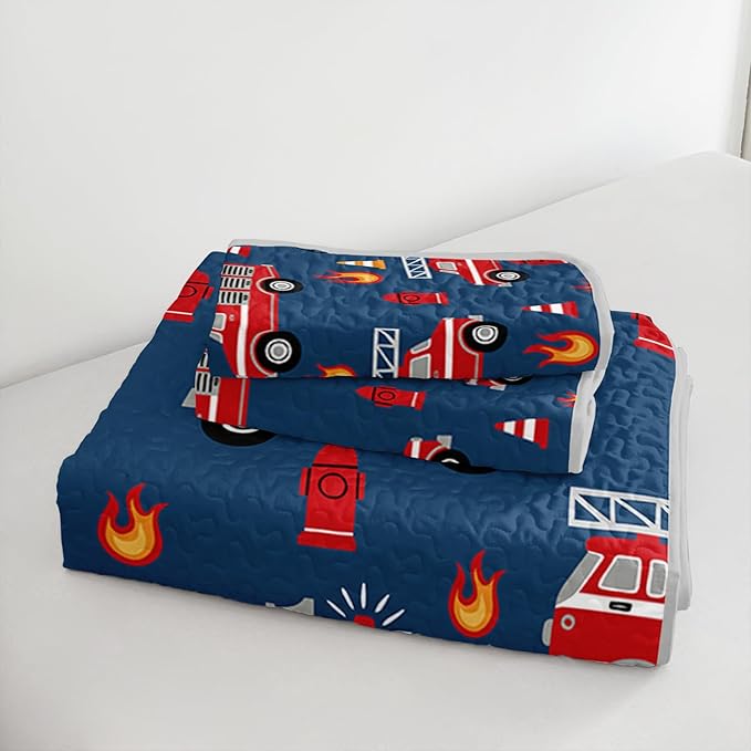 QOOMO Fire Truck Quilt Set Twin Size,Fire Truck Bedspread Coverlet Set,Truck 3Pcs Bedding Set Printed Quilt with 2 Pillowcases,Soft and Lightweight,for All Seasons