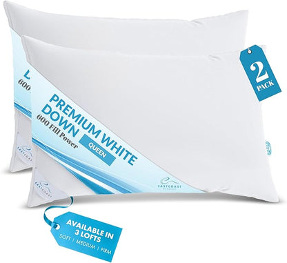 Luxury Duck Down Pillows - White Duck Down Pillow with 600 Fill Power, 400 Thread Count, 100% Cotton Cover - Firm Pillows for Sleeping and Support - Queen 20"x30" - (2 Pack)