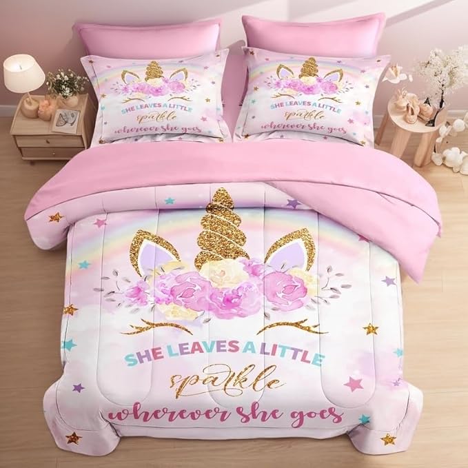 Queen Size Comforter Set with 2 Pillowcases & 2 Shams, Cute Golden Unicorn 7 Pcs Bedding for Kids and Teens, Pink Rainbow Star Rose Flower Bed in a Bag with Flat Fitted Sheet