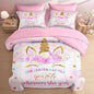 Queen Size Comforter Set with 2 Pillowcases & 2 Shams, Cute Golden Unicorn 7 Pcs Bedding for Kids and Teens, Pink Rainbow Star Rose Flower Bed in a Bag with Flat Fitted Sheet