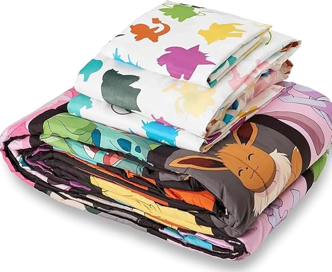 Northwest Pokemon Twin Sized Bed in a Bag Set, Pikachu Eevee Charmander Squirtle, Anime Bedding, Kanto Favorites