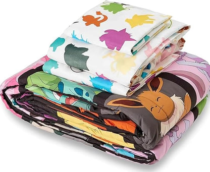 Northwest Pokemon Twin Sized Bed in a Bag Set, Pikachu Eevee Charmander Squirtle, Anime Bedding, Kanto Favorites