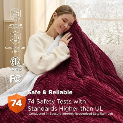 Bedsure GentleSoft Heated Blanket Throw - Soft Ribbed Flannel Electric Blanket, Heating with 4 Time Settings, 6 Heat Settings, and 3 hrs Timer Auto Shut Off, Gifts for Grandma (50x60 inches, Burgundy)