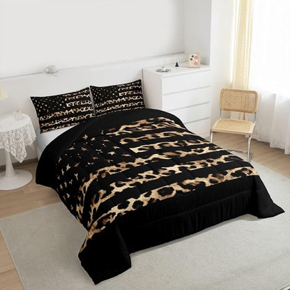 Feelyou American Flag Leopard Kids Comforter Set King Size Hunting Bedding Set Brown Cheetah Print Duvet Quilt for Kids Boys Girls Bedroom Animal Fur Decor Microfiber Ultra Soft Breathable