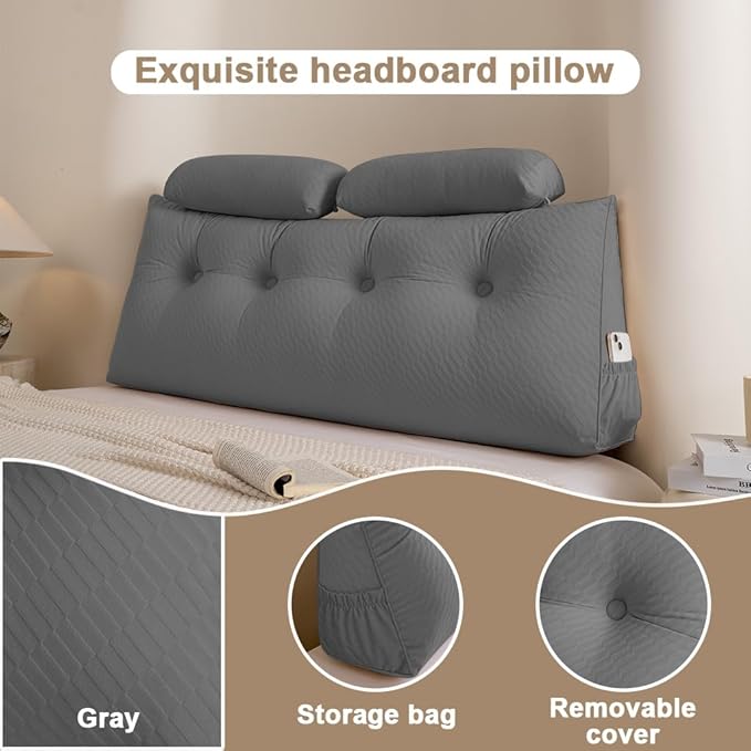Velvet Triangular Headboard Wedge Pillow With Roll Pillow,Removable Cover Headboard Pillow Daybed Bunk Bed,Backrest Positioning Support Pillow Resting Reading Relaxing (Grey, Queen(59 * 20 * 8in))