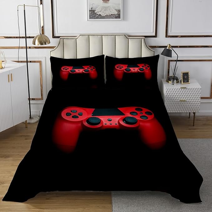 Erosebridal Boys Red Gamepad Bedspread Quilt Set Twin, Man Video Games Bedspread Gaming Controller Bed Cover, Modern Young Action Buttons Decorative 2 Piece with 1 Pillow Sham, Black