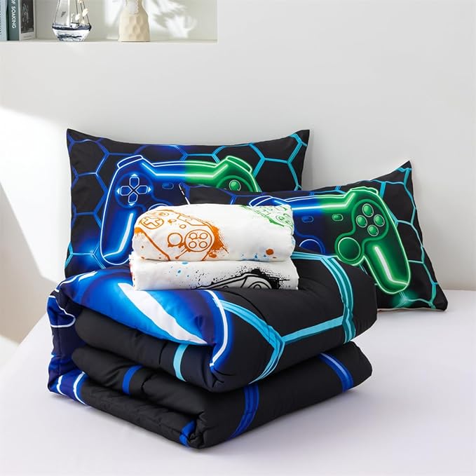NTBED Game Console Comforter Set for Boys Girls Kids 3D Gaming Geometric Lightweight Microfiber Bedding Sets (Blue Green, Queen 5Pcs)