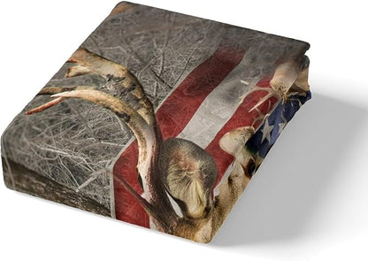 Wild Deer Boys Duvet Cover Queen Size, Rustic Animal Deer Antler Tree Branch Nature Bedding Set for Men Adult, Stripes Red Blue USA Flag Print Polyester Quilt Cover with 2 Pillowcases (No Comforter)