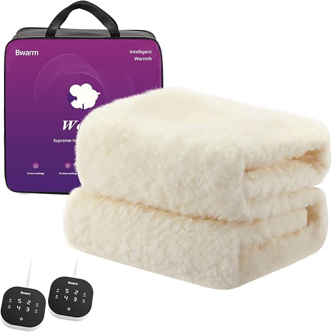 Bwarm Multi-Zone Heated Mattress Pad King Wool Electic Mattress Pad, Touchscreen Bed Warmer with 9 Heat Settings, 1-12 Hours Auto Off Memory Deep Pocket,Machine Wash White King 78" x 80"