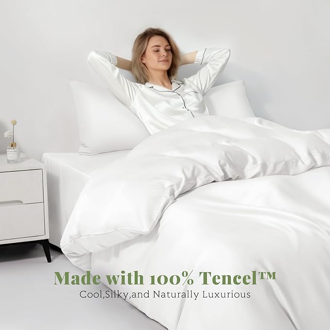 Tencel Duvet Cover Set, Full/Queen Size Cooling Duvet Cover for Hot Sleepers, 100% Eucalyptus Lyocell, 3 Pieces, 1 Zipper Closure Duvet Cover (90" x 90") and 2 Pillowcases (20" x 30") - White
