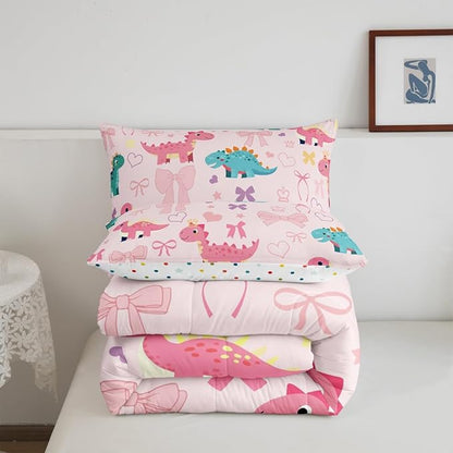 Cute Dino Kids Comforter Set King Size,Kawaii Bowknot Heart Princess Style Reversible Quilted Duvet with 2 Pillowcases Pink Dinosaur Bow Tie Cartoon Animal Comforter for Boys Teens Bedroom