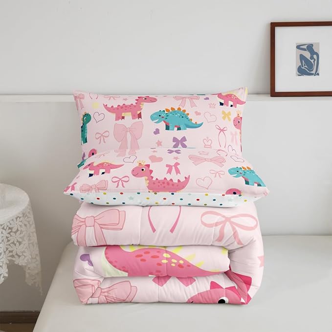 Cute Dino Bedding Sets Full Size,Kawaii Bowknot Heart Princess Style Reversible Down Comforter Breathable Polyester Quilt Set,Pink Dinosaur Bow Tie Cartoon Animal Duvet Insert,2 Pillowcases