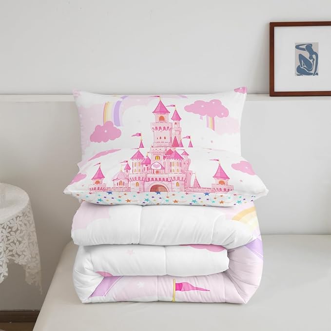 Feelyou Kids Full Pink Castle Comforter Set Boys Princess Rainbow Castle Bedding Set Girls Comforter Fairy Tales Duvet Set Girls Bed Set 3Pcs