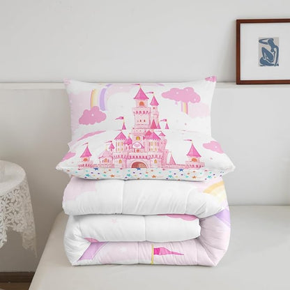 Feelyou Kids King Pink Castle Comforter Set Rainbow Castle Bedding Set Girls Princess Comforter Fairy Tales Duvet Set Girls Bed Set 3Pcs