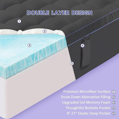 ABENE 3 Inch Dual Layer Memory Foam Mattress Topper California King, 2 Inch Memory Foam Plus 1 Inch Down Alternative Pillowtop Mattress Pad, with Bedside Pocket, Support for Back Pain (Gray)