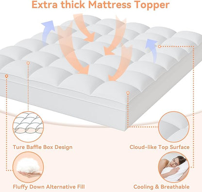 Topllen Cal King Mattress Topper for Back Pain Relief, Extra Thick Pillow Top Plush Mattress Pad with Deep Pocket, Soft Pillowtop California King Size Bed Toppers Filled Fluffy, White