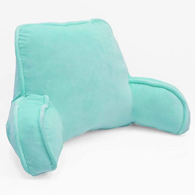 Super Soft Velvety Backrest Reading Bed Rest Pillow with Arms and Pockets 18" H for Sitting in Bed Couch Sofa, Back Support Wedge Cushion with Removable Cover, 20" x 18" x17", Pastel Blue
