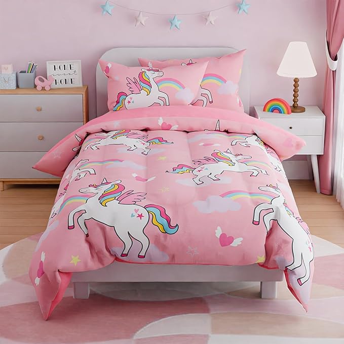 SANDJEST Unicorns Bedding Twin Set for Girls Kids Children, Ultra Soft Microfiber Comforter Set with 3-Pieces, Comforters Bed Sets Bedroom Decor