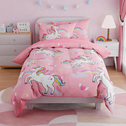 SANDJEST Unicorns Bedding Twin Set for Girls Kids Children, Ultra Soft Microfiber Comforter Set with 3-Pieces, Comforters Bed Sets Bedroom Decor