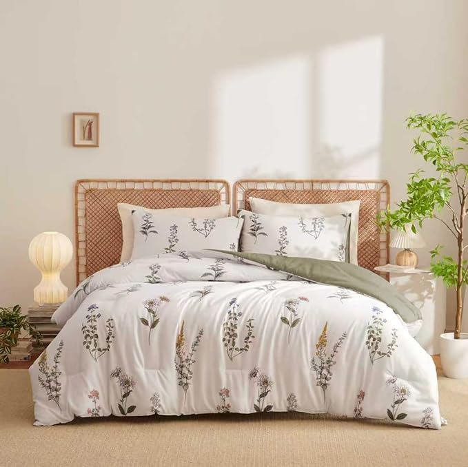 Floral Duvet Cover Queen Size Vintage Floral On White Bedding Set with Pink Purple Flower For Girls Women Men Olive Green Botanical Pattern Garden Style Fall Duvet Cover Set 3 Pieces with 2 Pillowcase