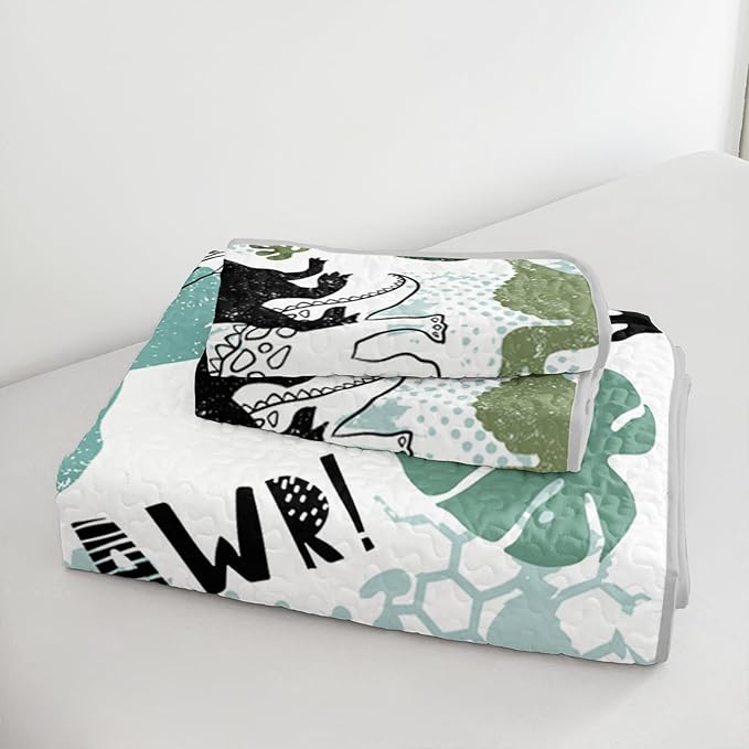 QOOMO Dinosaur Quilt Set King Size,Cartoon Dinosaur Bedspread Coverlet Set,Dinosaurs 3Pcs Bedding Set Printed Quilt with 2 Pillowcases,Soft and Lightweight,for All Seasons