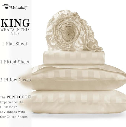 URBANHUT 1000 Thread Count Egyptian Cotton Damask Striped King Sheets, Long Staple Soft & Breathable, 4 Pc Bed Sheet Sets, Luxury Hotel Sateen Sheets Fits 16" Deep Pocket - Ivory