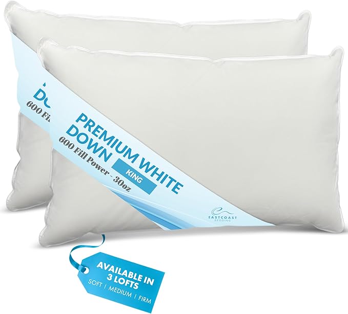 Luxury Duck Down Pillows - White Duck Down Pillow with 600 Fill Power, 400 Thread Count, 100% Cotton Cover - Medium Pillows for Sleeping and Support - King, 20"x36" (2 Pack)