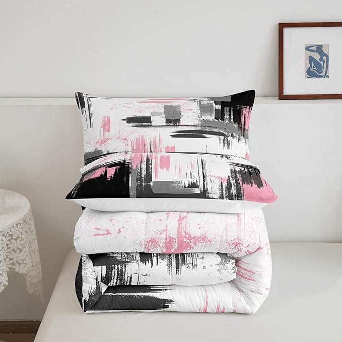 Feelyou Abstract Bedding Set Kids Modern Abstract Art Comforter Set Pink White Black Comforter for Boys Room Decor Lightweight Retro Duvet Set Toddler Size with 1 Pillow Case