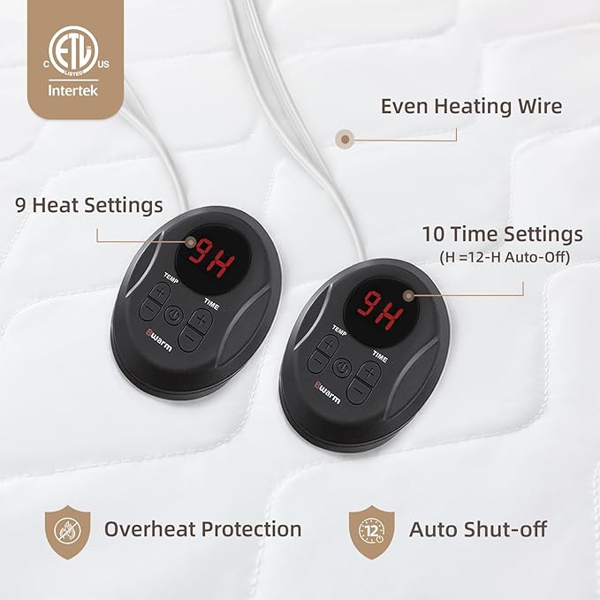 Bwarm Premium Quilted Heated Mattress Pad King Size, 78" x 80" Bed Warmer, 9 Heat Settings, 1-12 Hours Auto Off, Soft and Cozy, Deep Pocket, Fast Heating, Machine Washable
