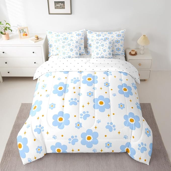 Feelyou Blue Flower 7 Piece Bedding Set Cute Dog Paw Print Comforter Set with Sheets for Kids Boys Girls Star Print Bed in a Bag Kawaii Bed Set Soft Lightweight