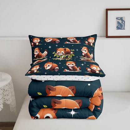 Cartoon Raccoon Comforter Set Cute Brown Wild Animals Hippie Bedding Comforter for Kids Boys Girls Teens Watercolor Green Leaves Dreamy Bedroom Quilt Set with 2 Pillowcases King Size 3 Pcs