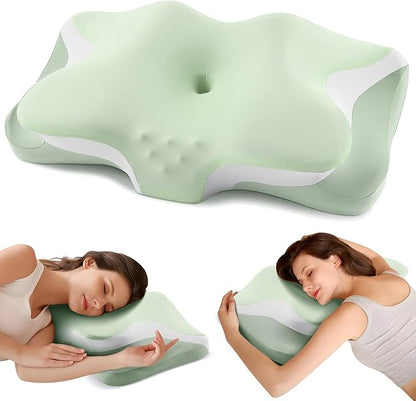 Cervical Neck Pillow, Cooling Ergonomic Memory Foam Pillows for Deep Sleep with Luxury Washable Pillowcase, Contour Orthopedic Neck Support Bed Pillows for Side Back Stomach Sleepers Queen Size-Green