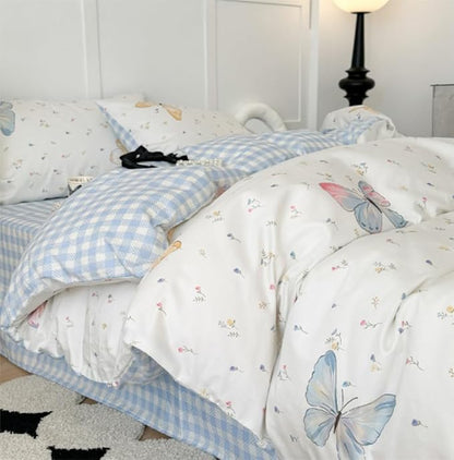 Butterfly Duvet Cover Queen Size Blue White Gingham Bedding Set 3 Pcs Kids Boys Girls Striped Spring Floral Butterflies Comforter Cover with Zipper Closure & Corner Ties